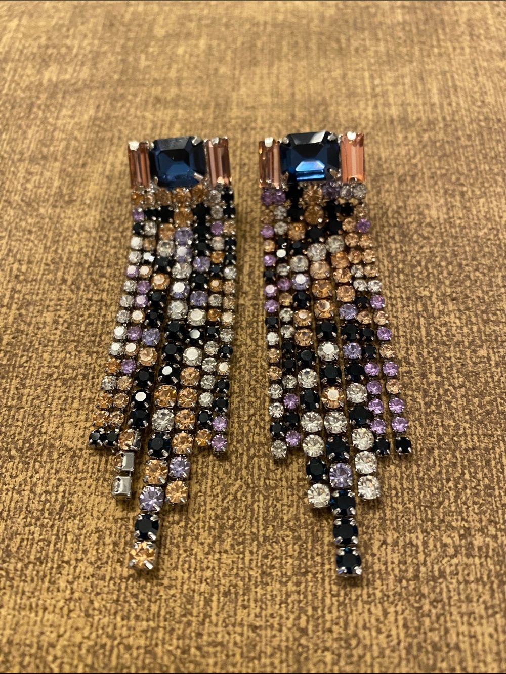 Glam Multicolor Crystal Chandelier Fringe Drop Earrings in Blue, Purple and Gold